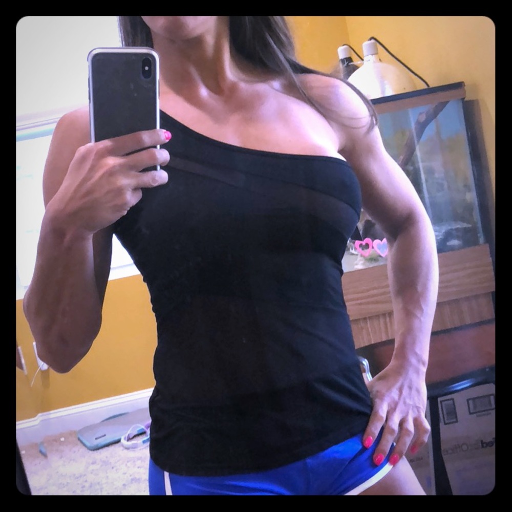 Black block mesh off the shoulder tank